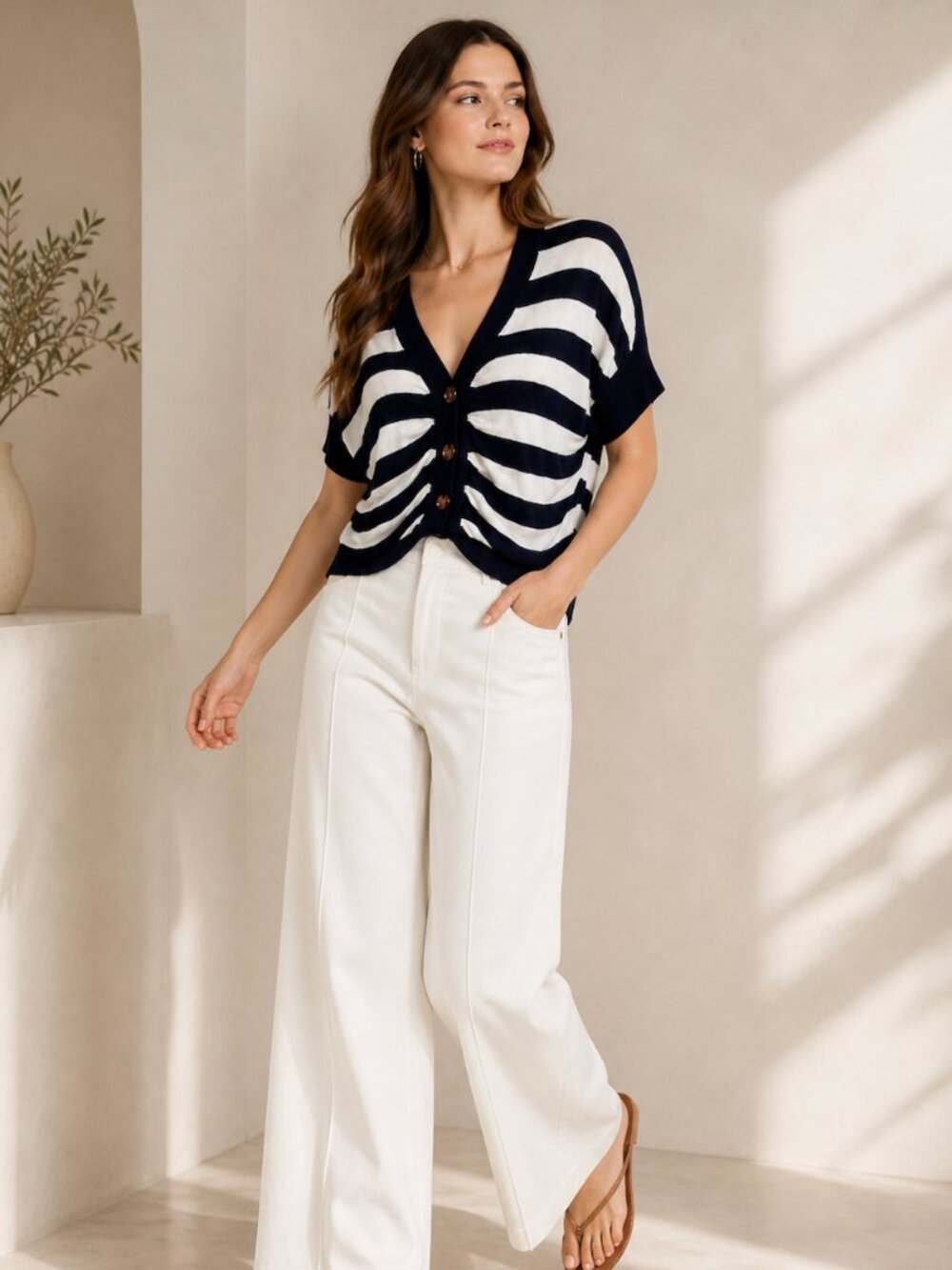 TED BAKER Ribbed Stripe Cardigan Ruched Front Preppy Classic Coastal Chic
